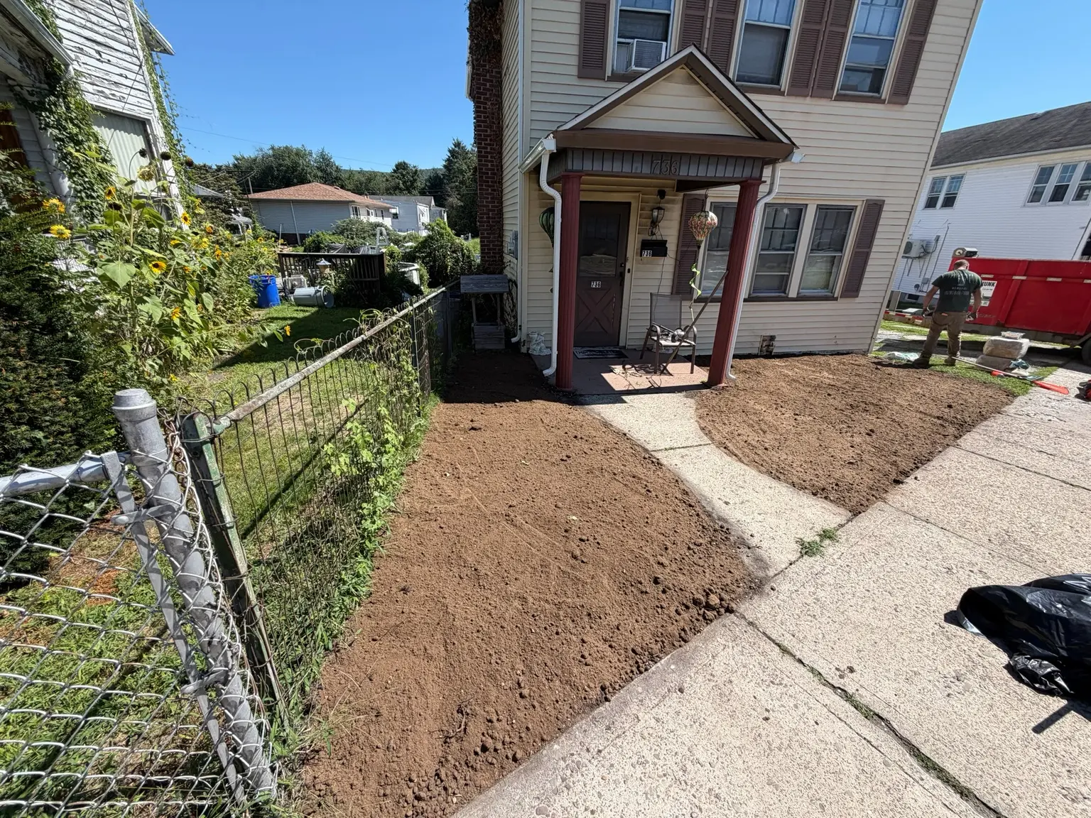 Front yard leveled with fresh dirt before seeding